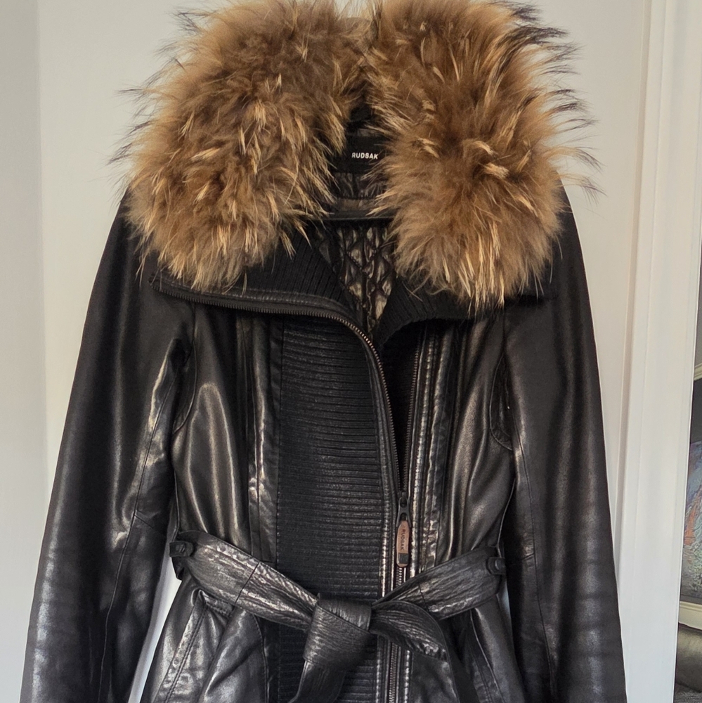 Black Leather Rudsak Jacket with Real Fur Collar